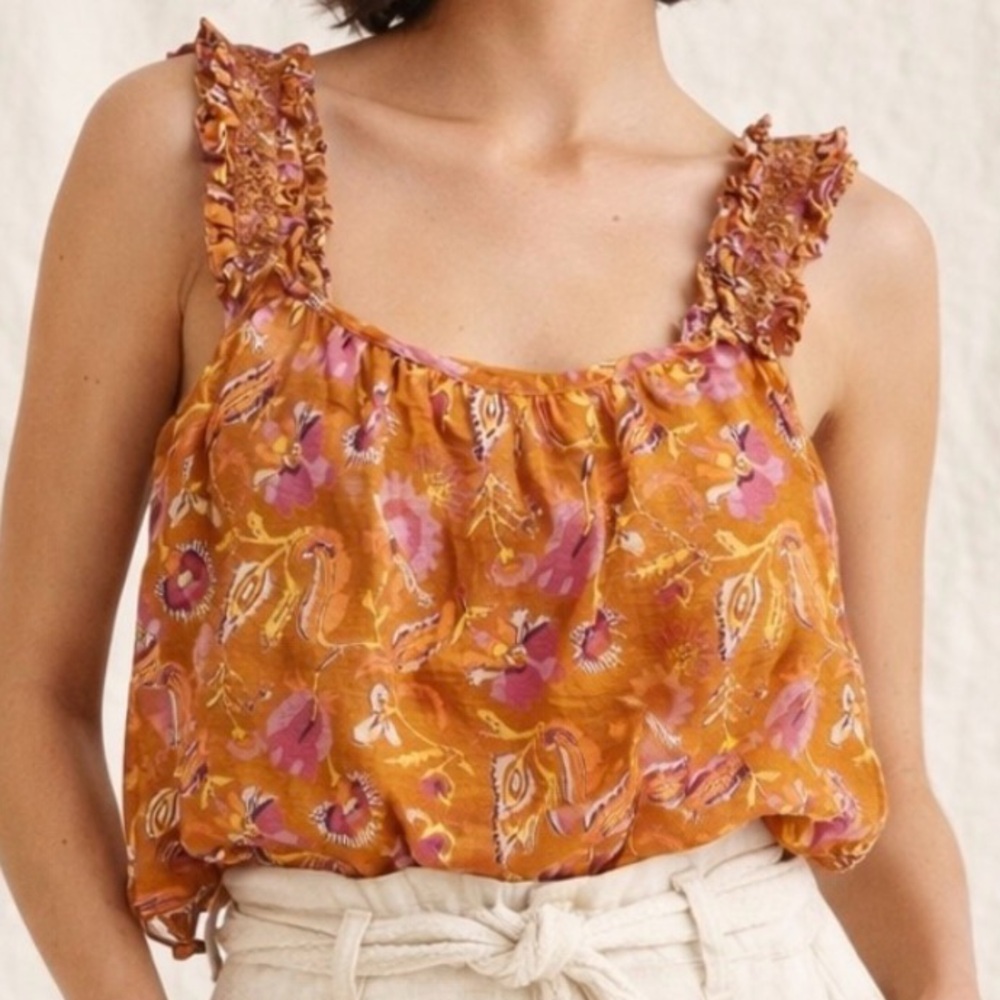 Xirena Wanderlust burnt orange/ pink floral gauze ruffle tank top size M